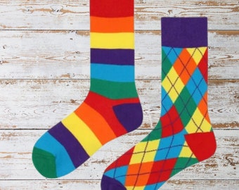 Colourful Rainbow Mismatched Socks, Bright Stripes and Diamond Odd Socks, Cool Fun Colorful Gift Socks, Novelty Crew Socks, Crazy Unmatched