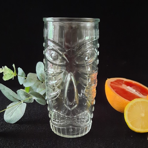 Verre à cocktail tiki en verre transparent, tasse tiki tropicale, articles de bar de l'île de Pâques, verres de fête hawaïenne de style tiki, décoration d'articles de fête fantaisie amusante.