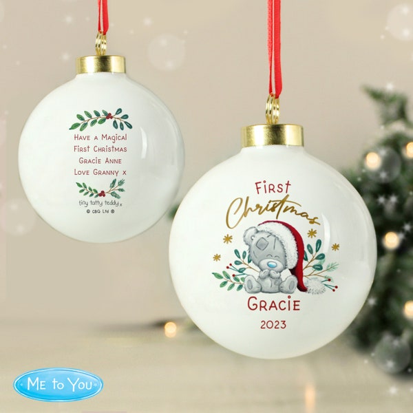 Personnalisé 1er Noël Tiny Tatty Teddy Bauble, Premier ornement d’arbre de Noël, Ornement de nom personnalisé pour bébé nouveau-né, Souvenir suspendu.