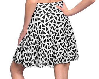 Graphic Print Skater Skirt, Geometric Print Skater Skirt, Trendy Abstract Black and White Triangle Design Flared Rave or Festival Skirt.