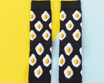 Fun Fried Egg Socks, Funny Novelty Food Socks, Funky Foodie Gift Socks, Unisex Crew Socks, Unique Stocking Filler Gift, Sunny Side Up Eggs.