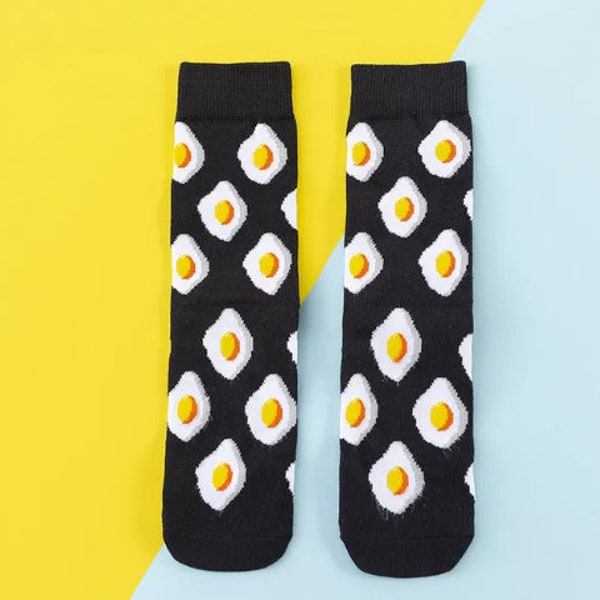 Fun Fried Egg Socks, Funny Novelty Food Socks, Funky Foodie Gift Socks, Unisex Crew Socks, Unique Stocking Filler Gift, Sunny Side Up Eggs.