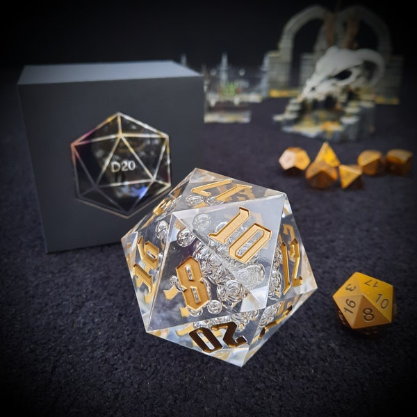 Cadeau de dés polyédriques géant D20 DnD Donjons et Dragons 55 mm, Jumbo Pathfinder Chonk Sharp Edge TTRPG Die dans une boîte cadeau de luxe, cadeau unique DM