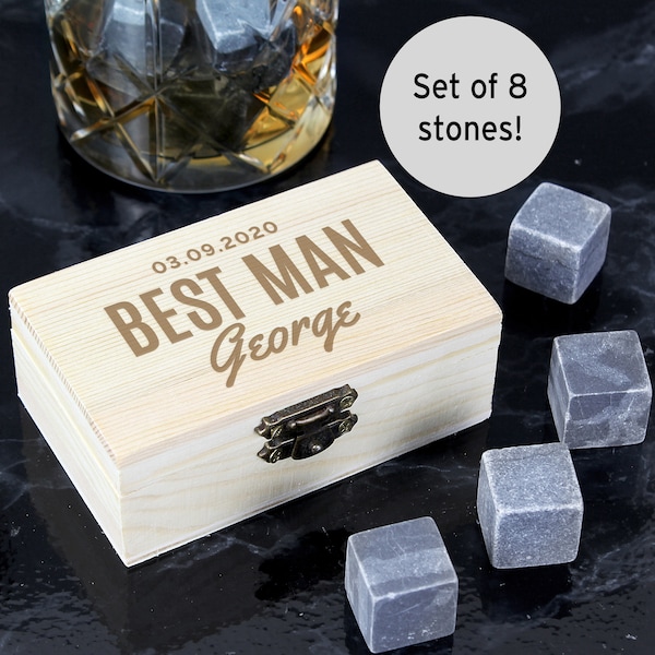 Best Man Personalized Barware Gift Set, Wooden Box with 6 Whiskey Cooling Stones, Engraved Beverage Chiller Set For Best Man Proposal Gift.