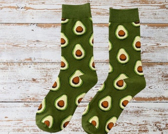 Green Avocado Socks, Funny Novelty Food Socks, Healthy Food Lover Funky Foodie Gift Socks, Unisex Crew Socks, Unique Stocking Filler Gift.