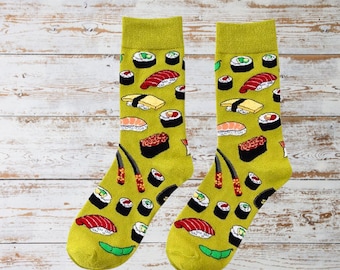 Sushi Socks, Funny Novelty Food Socks, Japanese Food Lover Funky Foodie Gift Socks, Women's Cool Crew Socks, Unique Stocking Filler Gift.