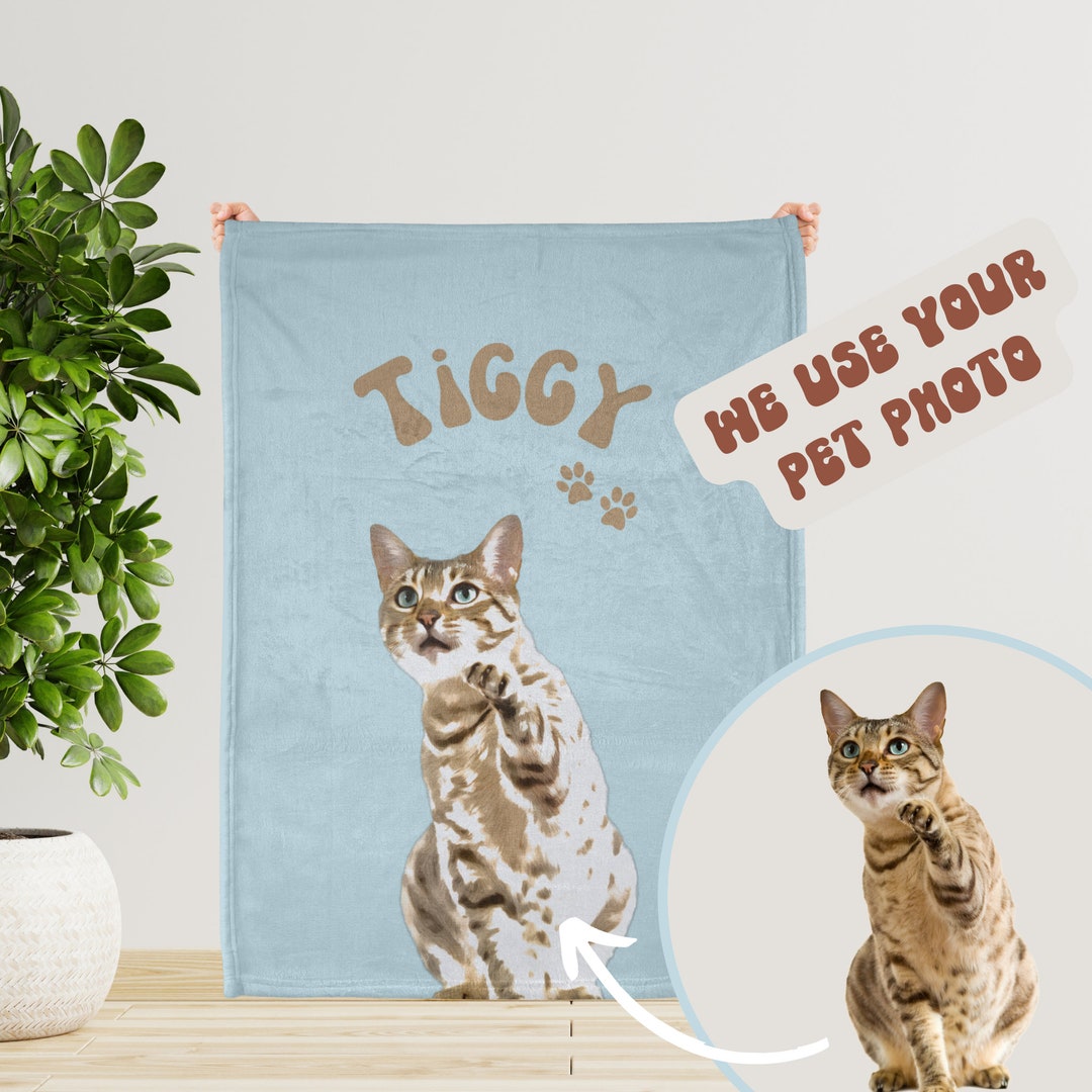 Custom Cat Portrait Blanket, Personalised Pet Blanket, Cat Photo