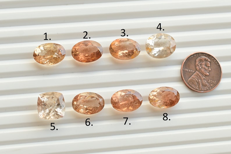May include: Eight oval-shaped and one square-shaped gemstones in various shades of brown and orange. The gemstones are arranged in two rows of four and one. A penny is included for scale.