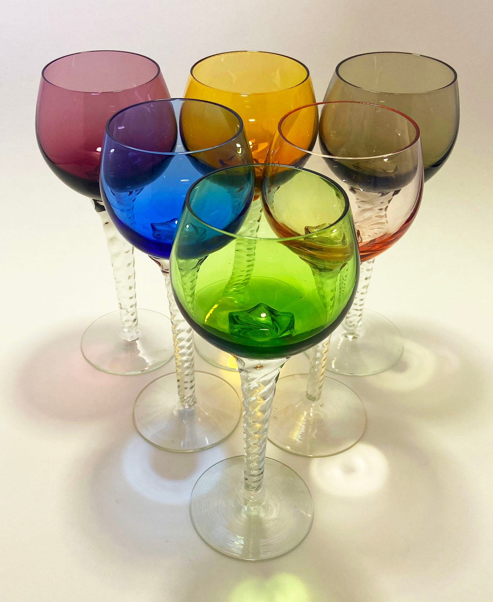 Vintage Multi Colored Twisted Stem Wine Glasses Set Of 6 Etsy