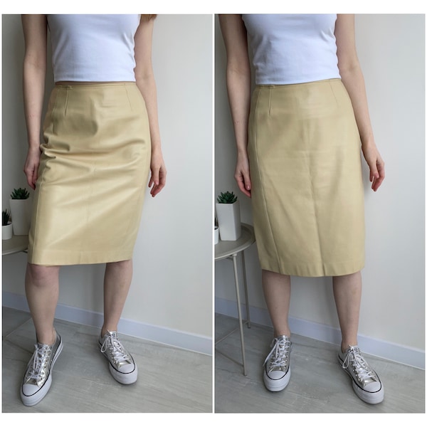 Leather Cream Skirt Etsy