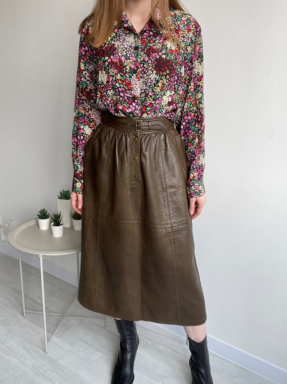 80’s Flared Skirt ESCADA Leather Long Size 36 US6… - image 2