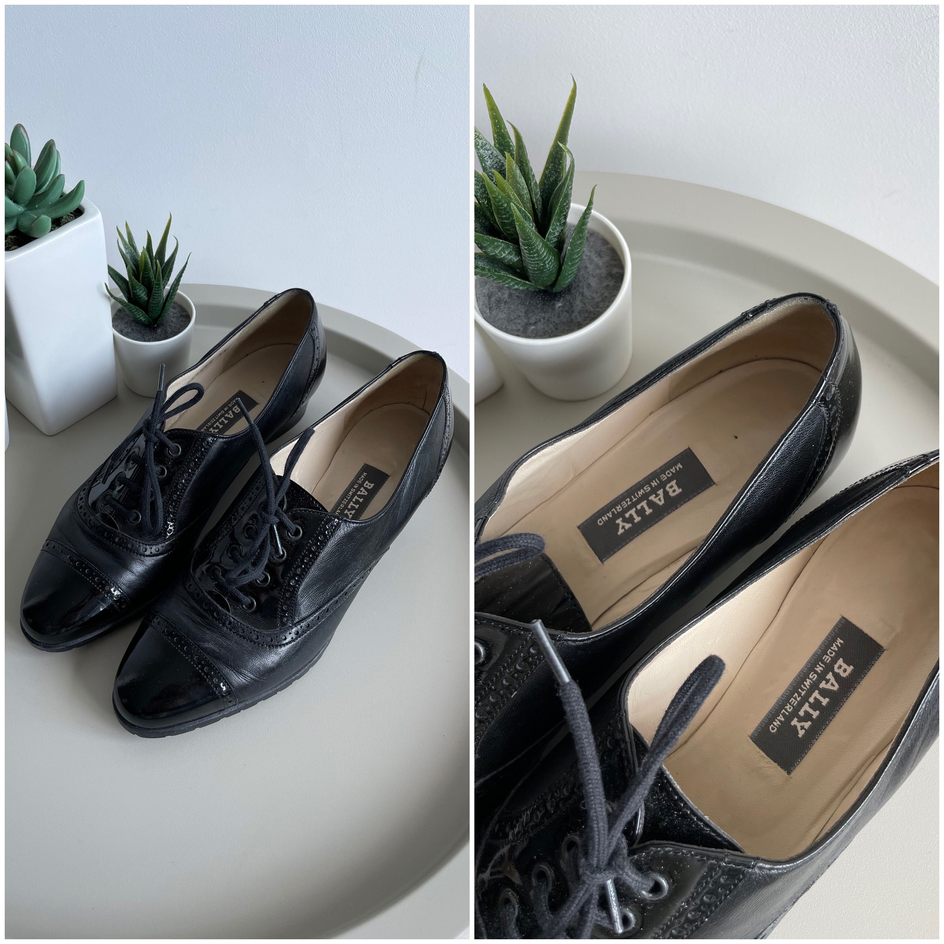 90s Vintage Bally Derby Oxfords Shoes Lace Up Almond Toe