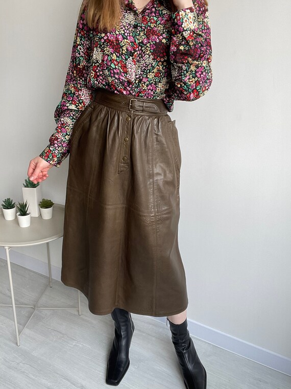 80’s Flared Skirt ESCADA Leather Long Size 36 US6… - image 3