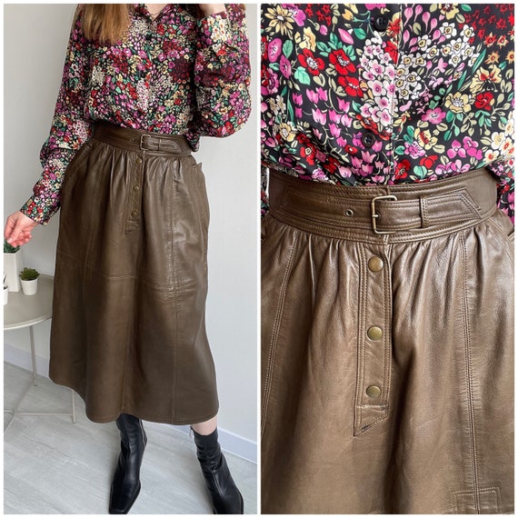80’s Flared Skirt ESCADA Leather Long Size 36 US6… - image 1