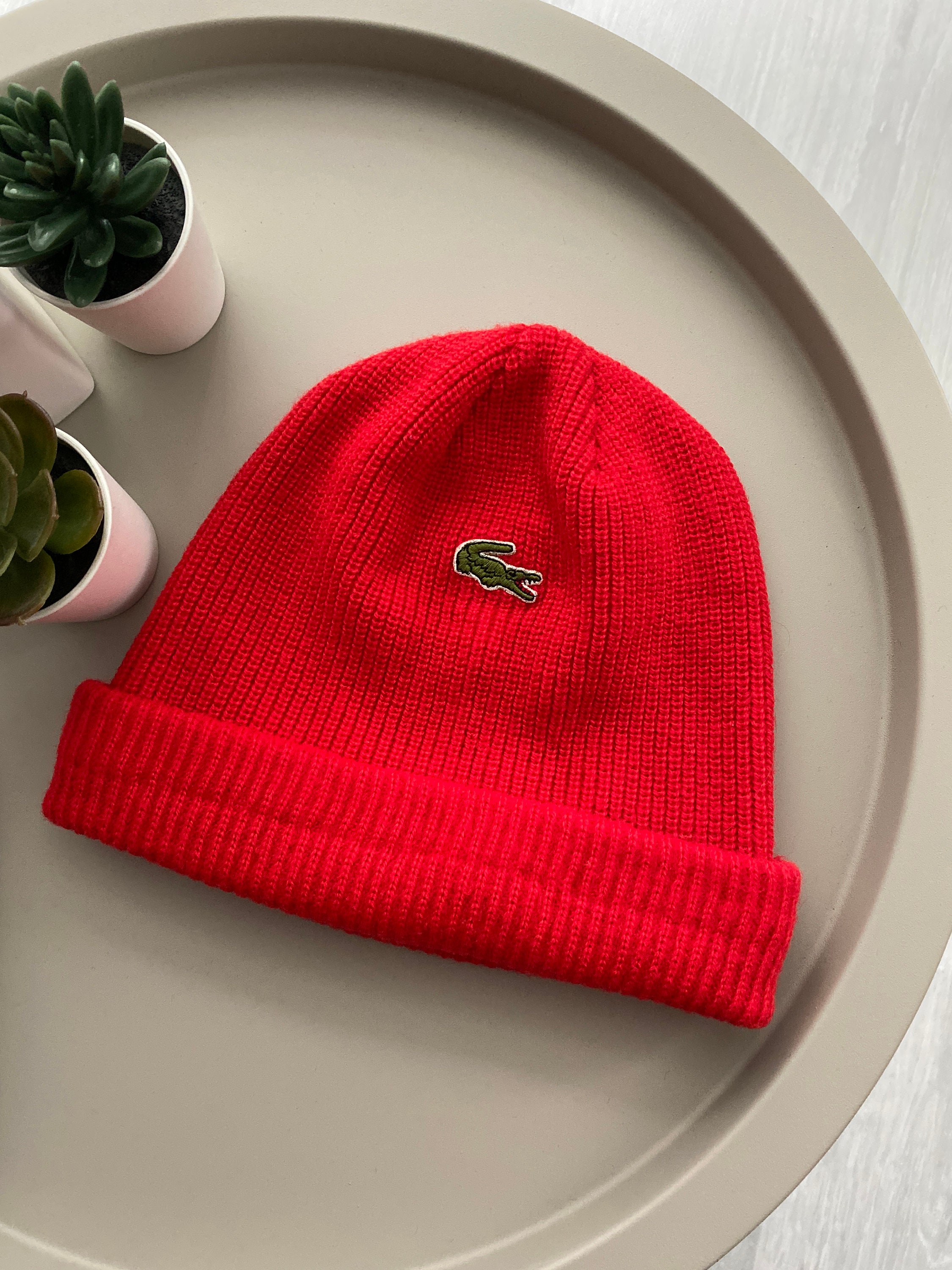 Lacoste Beanie Hat 90's Vintage Red OneSize Rare Made In Etsy