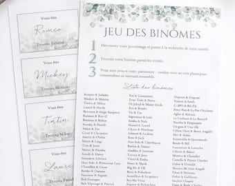 Jeu des binômes mariage eucalyptus – Animation invités mariage – Jeu brise-glace à imprimer – PDF instantané – 120 personnes