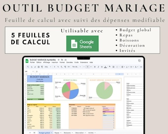 Puede incluir: Una pantalla de computadora portátil que muestra una hoja de cálculo de Google Sheets titulada "BUDGET MARIAGE" con un gráfico circular y tablas de datos. La hoja de cálculo está diseñada para ayudar a los usuarios a realizar un seguimiento de los gastos de la boda. El texto "OUTIL BUDGET MARIAGE" se muestra encima de la hoja de cálculo. El texto "Feuille de calcul avec suivi des dépenses modifiable" se muestra debajo de la hoja de cálculo. El texto "5 FEUILLES DE CALCUL" se muestra en el lado izquierdo de la pantalla. El texto "Utilisable avec Google Sheets" se muestra en el lado derecho de la pantalla. El texto "@apriletmila" se muestra debajo de la computadora portátil.