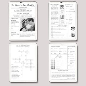 May include: A black and white wedding announcement newspaper with the headline "Ils se disent oui!"  The newspaper includes a photo of the couple, a crossword puzzle, a list of vendors, and a section titled "Their Love Story".