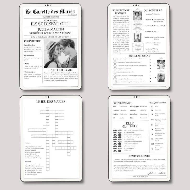 May include: A black and white wedding announcement newspaper with the headline "Ils se disent oui!"  The newspaper includes a photo of the couple, a crossword puzzle, a list of vendors, and a section titled "Their Love Story".