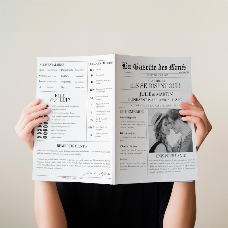 May include: A black and white newspaper-style wedding announcement with the headline "Ils se disent oui!"  Julie & Martin. The announcement includes a photo of the couple and details about their wedding day. The text also includes the date "Samedi 13 Aout 2022".