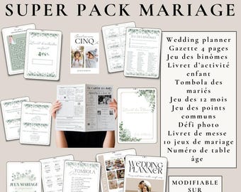 Könnte beinhalten: Eine Sammlung von druckbaren Vorlagen für die Hochzeitsplanung und Partyspiele. Die Vorlagen haben ein grün-weißes Farbschema mit einem floralen Design. Der Text auf den Vorlagen lautet "Wedding Planner", "Tombola", "Jeux Mariage", "Jeu des Binomes" und "Cinq".