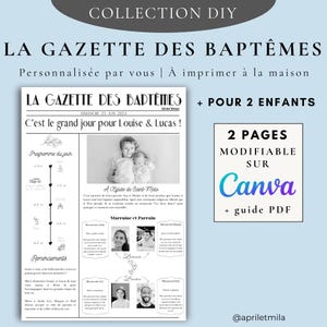 DIY Baptism Gazette Template - DIY 2 editable pages for 2 children - Baptism announcement - Baptism newspaper