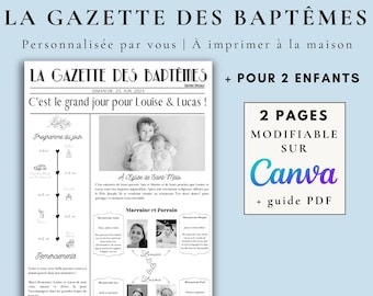 DIY Baptism Gazette Template - DIY 2 editable pages for 2 children - Baptism announcement - Baptism newspaper