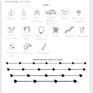 May include: A black and white printable wedding planning checklist with icons for different wedding events, such as the ceremony, reception, and cake cutting. The checklist includes a section for the wedding day timeline and a section for the wedding budget.