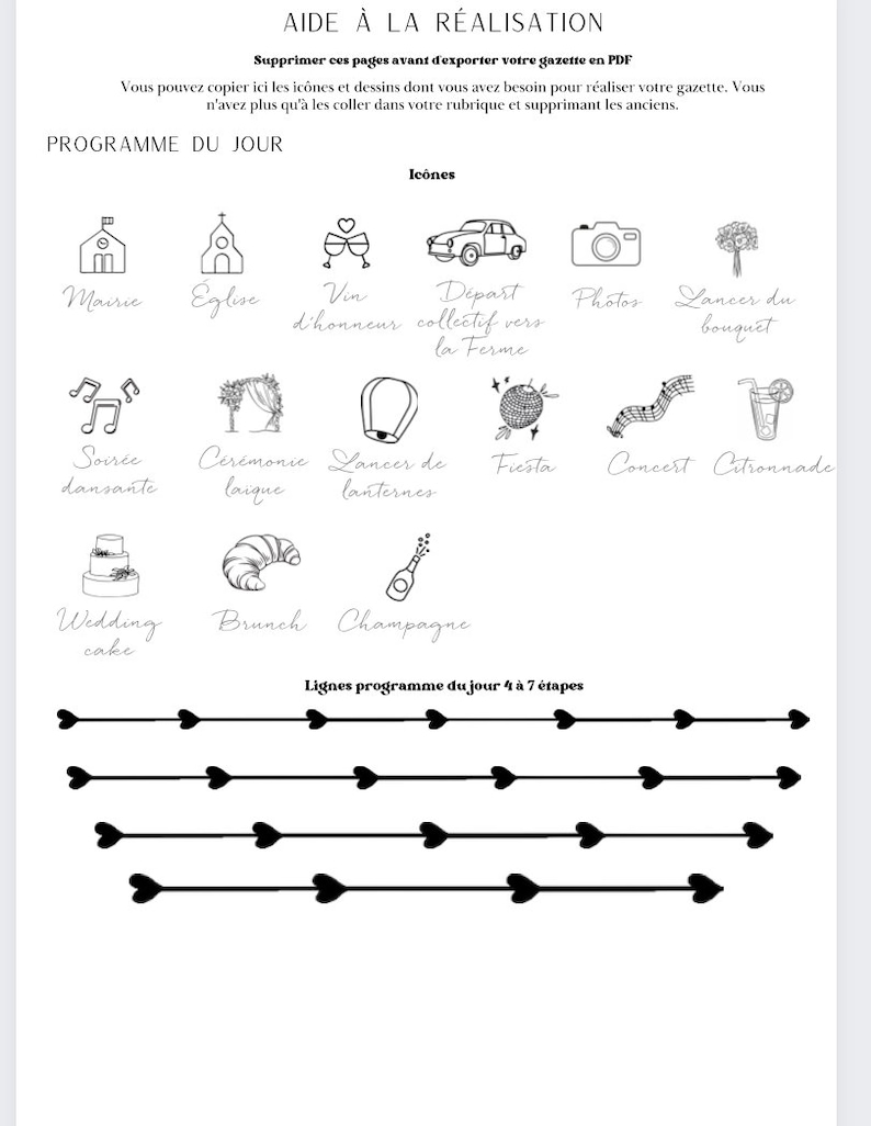 May include: A black and white printable wedding planning checklist with icons for different wedding events, such as the ceremony, reception, and cake cutting. The checklist includes a section for the wedding day timeline and a section for the wedding budget.