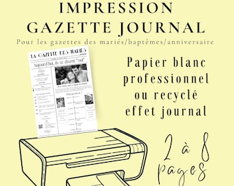 Impression gazette des mariés personnalisée sur papier effet journal – Gazette mariage A4 ou Livret A4 (A3 plié) baptême, anniversaire N/B