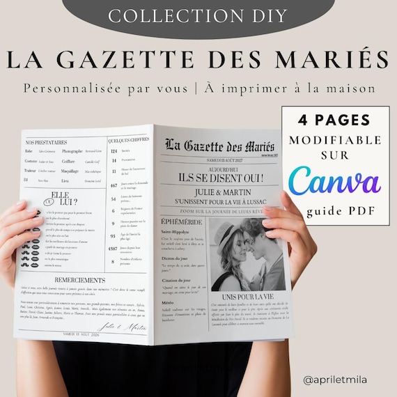 Journal de Mariage – Gazette des Mariés à Imprimer – Modèle Canva Personnalisable – Activité & Souvenir Invités - Version 4