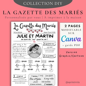 Wedding Gazette Cartoon Template / DIY Drawing - DIY 2 editable pages - Wedding announcement - Wedding newspaper