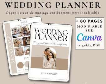 Könnte beinhalten: Eine digitale Hochzeitsplaner-Vorlage mit 80 Seiten, anpassbar auf Canva. Das Cover zeigt ein Paar in einer natürlichen Umgebung mit dem Text "Wedding Planner" und "Treize aout deux-mille-vingt-cing". Die Vorlage enthält auch ein Moodboard und eine PDF-Anleitung.