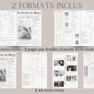 May include: Two different sizes of printable wedding-themed activity sheets. The first sheet is a newspaper-style design with the text "La Gazette des Mari&eacute;s" and "Ils se disent oui!" The second sheet is a crossword puzzle with the text "Le Jeu des Mari&eacute;s".