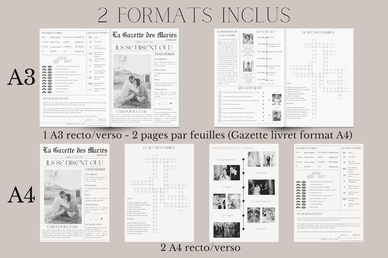May include: Two different sizes of printable wedding-themed activity sheets. The first sheet is a newspaper-style design with the text "La Gazette des Mari&eacute;s" and "Ils se disent oui!" The second sheet is a crossword puzzle with the text "Le Jeu des Mari&eacute;s".