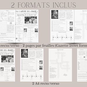 May include: A black and white printable wedding activity booklet with two different sizes: A3 and A4. The booklet includes a crossword puzzle, a word search, and a timeline of the couple's relationship. The text on the cover reads "La Gazette des Hadjes" and "Aujourd'hui, ils se disent 'oui'".