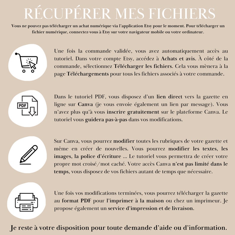 May include: A graphic with instructions on how to download digital files purchased on Etsy. The graphic includes a shopping cart icon, a PDF icon, a pencil icon, and a printer icon. The text reads "R&eacute;cup&eacute;rer Mes Fichiers" and includes instructions on how to download files from Etsy and how to edit and print files using Canva.