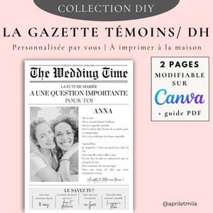 Può includere: Un modello di giornale di nozze fai-da-te con il titolo "The Wedding Time" e il testo "A Question Importante Pour Toi". Il modello include una foto e testo, con istruzioni per la modifica su Canva.