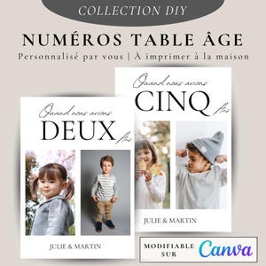 Modèle cartes numéros de table avec photo par âges enfant des mariés - Numéro de table - Faire part mariage - A5 ou A4
