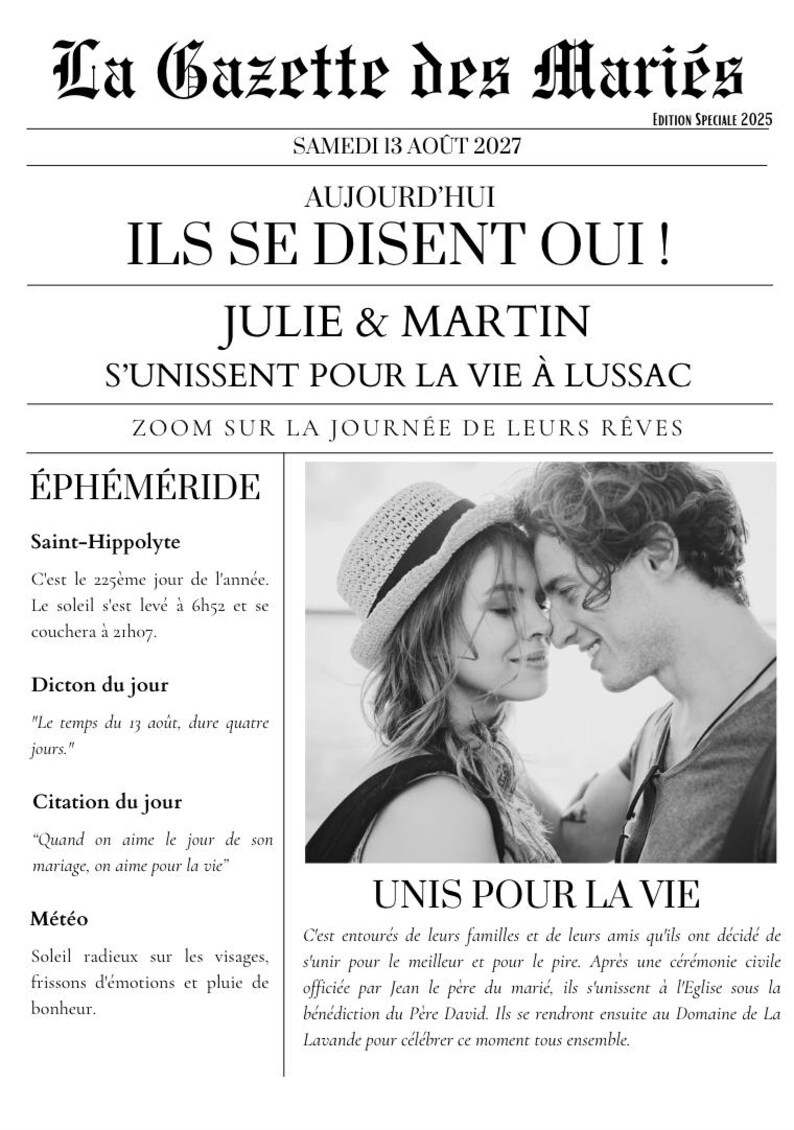 May include: A black and white photo of a couple embracing. The woman is wearing a straw hat and the man is wearing a button-down shirt. The text "UNIS POUR LA VIE" is printed in bold, black letters at the bottom of the image.