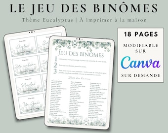 Jeu des binômes mariage eucalyptus – Animation invités mariage – Jeu brise-glace à imprimer – PDF instantané – 120 personnes