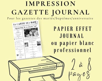 Impression gazette des mariés personnalisée sur papier effet journal – Gazette mariage A4 ou Livret A4 (A3 plié) baptême, anniversaire N/B