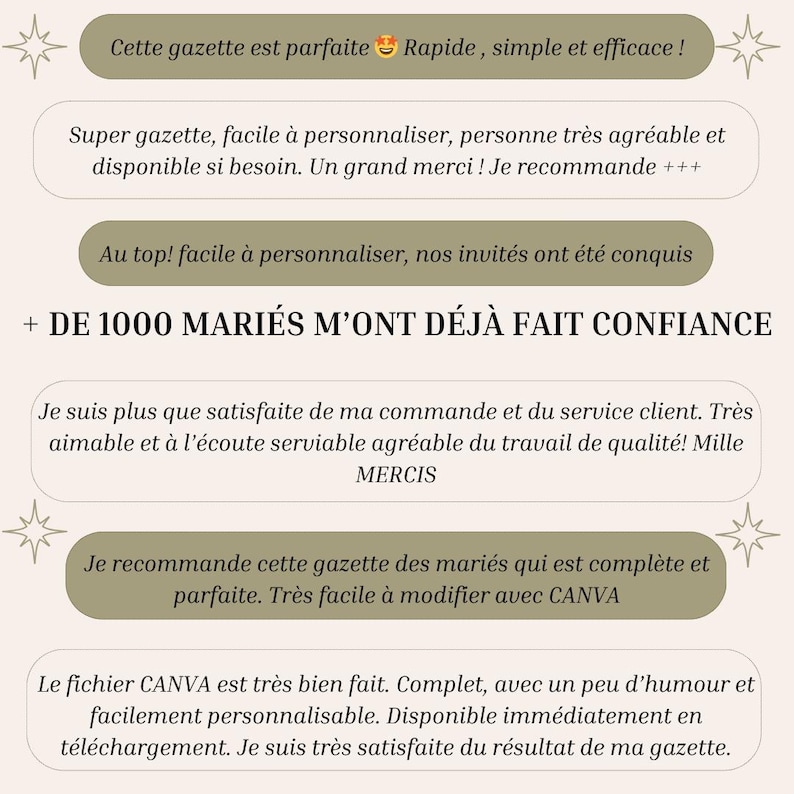 May include: A screenshot of a computer screen showing a testimonial for a wedding announcement template. The text reads "+ DE 1000 MARI&Eacute;S M'ONT D&Eacute;J&Agrave; FAIT CONFIANCE" and includes several positive reviews from customers.