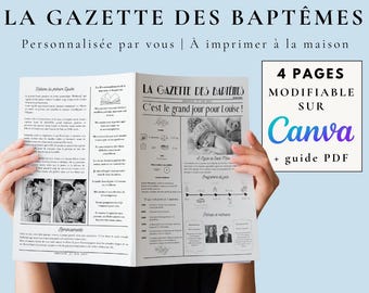 Gazette de Baptême personnalisable 4 pages – Modèle Canva à télécharger | Journal baptême imprimable, jeux & anecdotes, souvenir unique