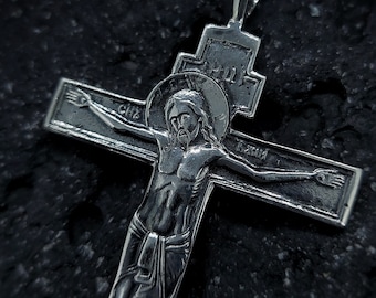 Orthodox crucifixion cross, large silver pendant