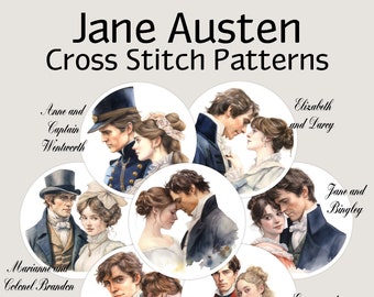 Jane Austen Cross Stitch Patterns, 7 Romantic Printable PDF Patterns, 2 Kinds of Charts, 14 Patterns, Elizabeth Bennet, Darcy, Jane, Bingley