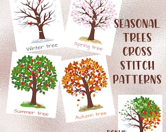 5 Printable Cross Stitch Patterns - 4 Seasonal Trees with Bonus All-Season Tree, PDF Patterns, Color Charts With Symbols, Instant Download