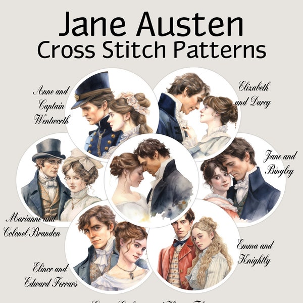 Jane Austen Cross Stitch Patterns, 7 modèles PDF imprimables romantiques, 2 types de graphiques, 14 modèles, Elizabeth Bennet, Darcy, Jane, Bingley