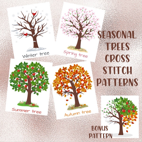 5 Printable Cross Stitch Patterns - 4 Seasonal Trees with Bonus All-Season Tree, PDF Patterns, Color Charts With Symbols, Instant Download