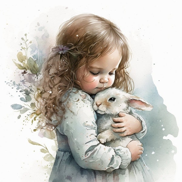 Little Girl Cross Stitch Pattern: Printable Bunny Rabbit & Child Pdf Pattern, Watercolor, 2 Kinds of Charts, DMC Floss Evaluator